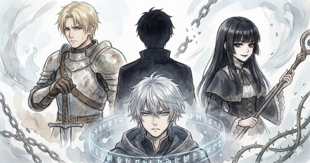 勇者アレスの仲間たち(騎士レオン、聖女マリア、賢者ソロン)の表情を描いたイラスト。それぞれの複雑な感情と隠された想いが表現されている