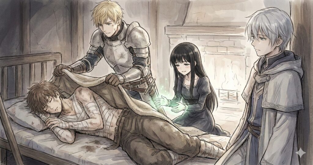 過酷な訓練の末に眠り込んでしまったザック(偽のアレス)を、優しく見守るレオン、マリア、ソロンの姿。彼らがザックの秘密を知りながらも支えようとする絆を描いたイラスト