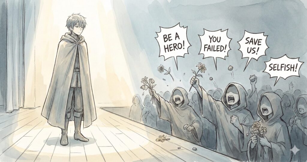 光の当たるステージに立つ勇者と、暗闇から勝手な言葉を投げかける顔のない民衆。賞賛と批判が無責任に浴びせられる様子を描いた風刺的なイラスト