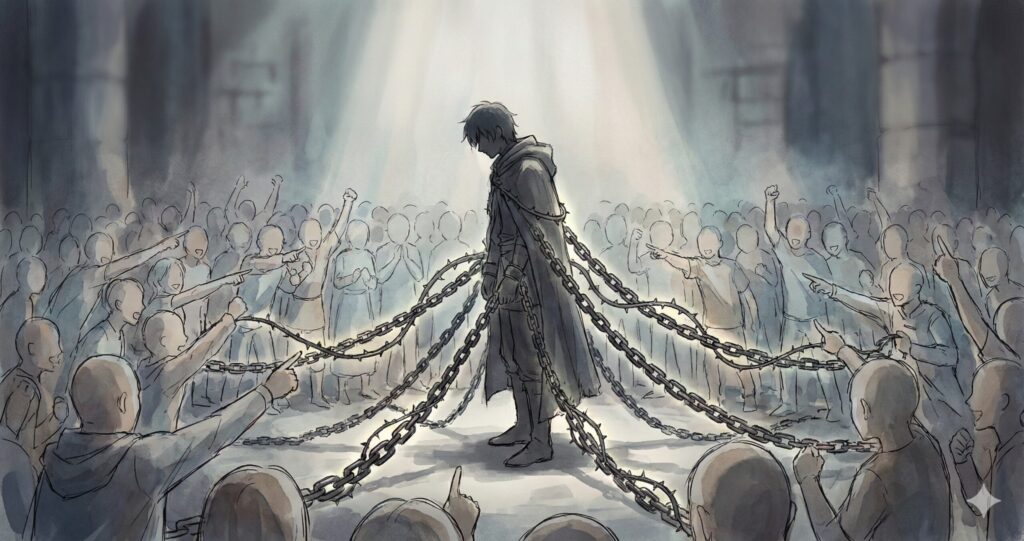 無数の人々の歓声や期待が「鎖」となって勇者を縛り付けている抽象的なイラスト。社会的な期待が英雄を殺すというテーマを象徴している