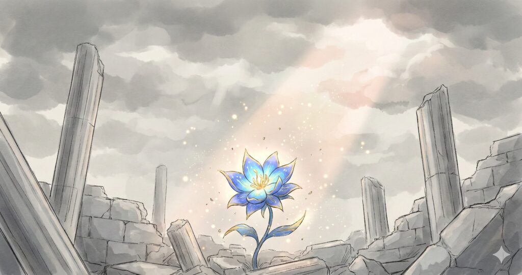 灰色の廃墟の中で一輪の花が鮮やかに咲き誇り、そこに温かな光が降り注いでいるイラスト。物語の先に待つ救いと希望を象徴している