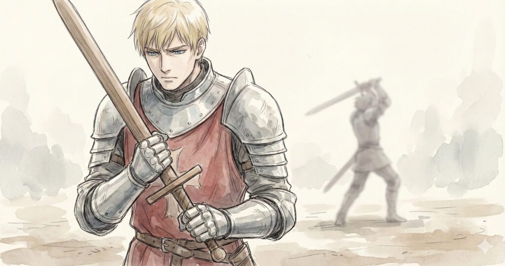 剣聖レオンが、アレスへの嫉妬と友情の狭間で葛藤する表情を浮かべ、訓練用の剣を強く握りしめている水彩画風イラスト