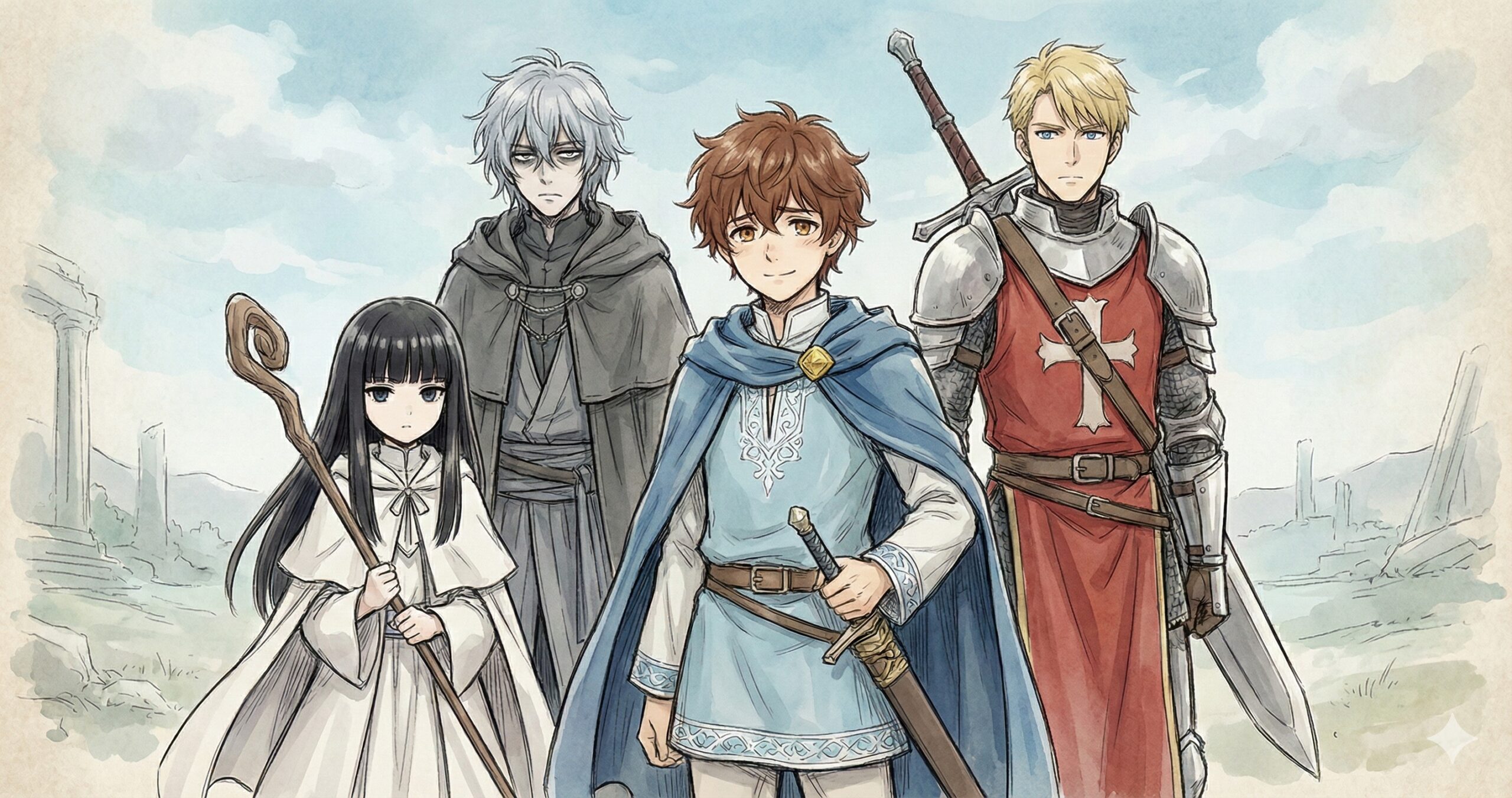 『誰が勇者を殺したか』の主要キャラクター（勇者アレス、騎士レオン、聖女マリア、賢者ソロン）が並び立つ、水彩画風の集合イラスト