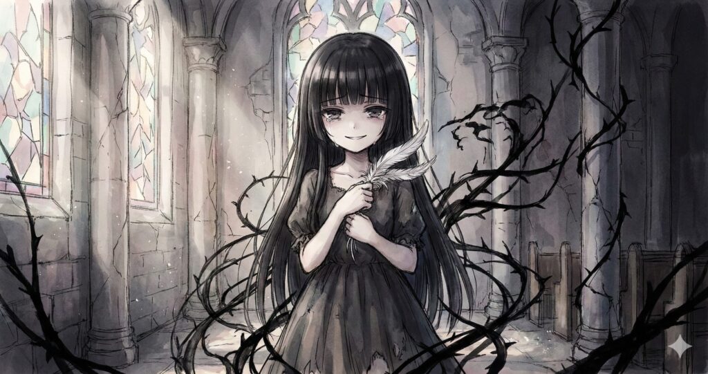 薄暗い礼拝堂で、冷ややかな笑みを浮かべつつも瞳に深い悲しみを宿す聖女マリア。彼女の歪んだ愛と献身を象徴する、少しダークで美しい水彩画風イラスト