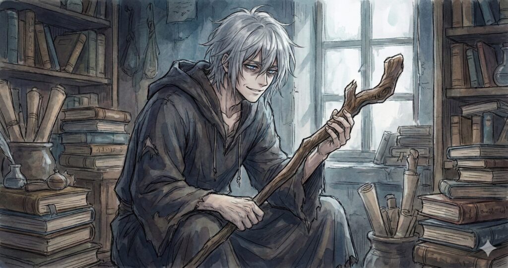 ひねくれ者の賢者ソロンが、研究室で一人、アレスが使っていたボロボロの杖を見つめ、不器用な友情と寂しさを滲ませる水彩画風イラスト