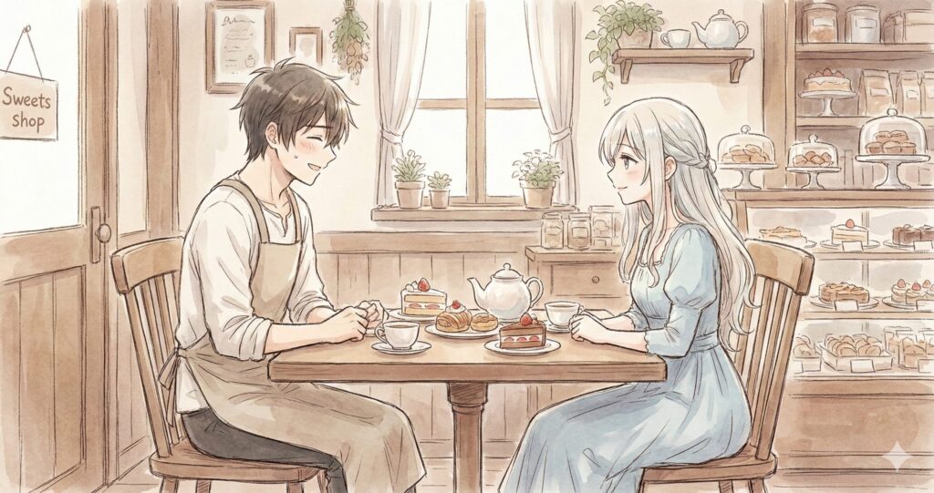 エピローグの「とあるスイーツの店」にて、穏やかに微笑み合うアレス(ザック)とアレクシア。幸せな結末を象徴する温かい水彩画風イラスト