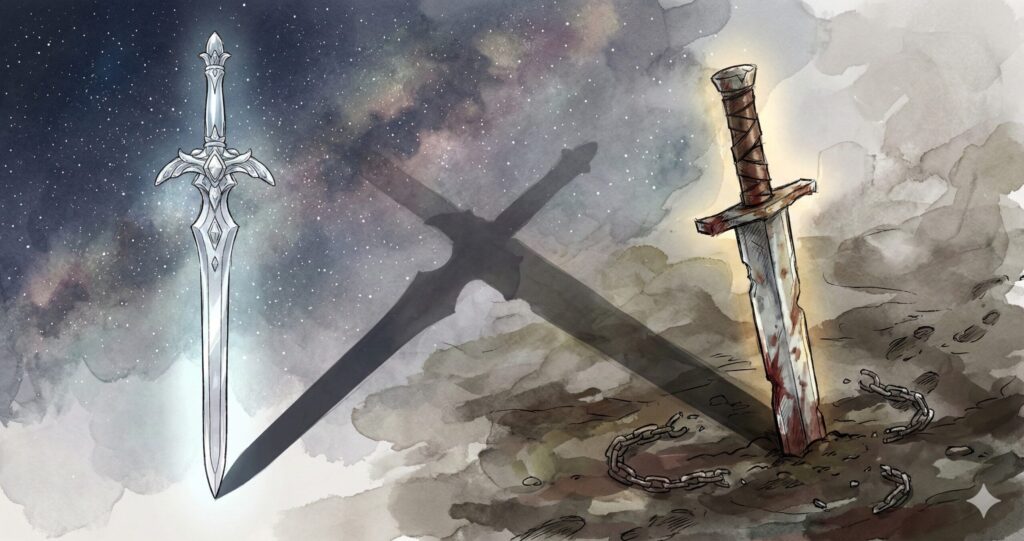 輝く「才能」の剣と、ボロボロになりながらも温かな光を放つ「努力」の剣の対比を描いた、抽象的で象徴的なイラスト