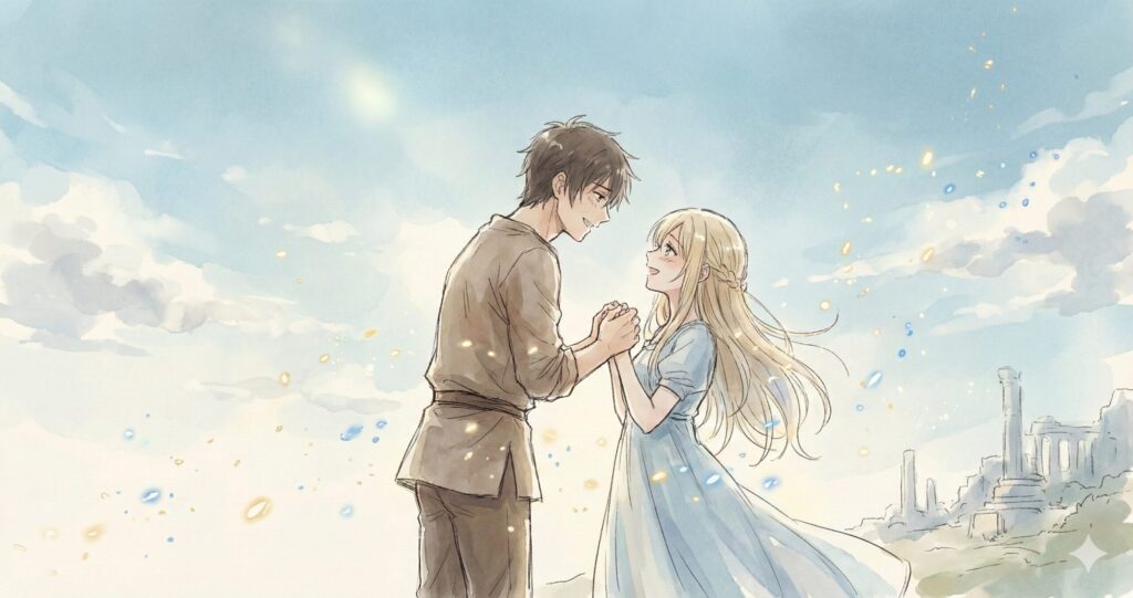 青空の下、手を取り合って見つめ合うザックとアレクシア。平民の服を着たザックと、リラックスした表情のアレクシアの姿が、身分を超えた愛の成就を象徴している