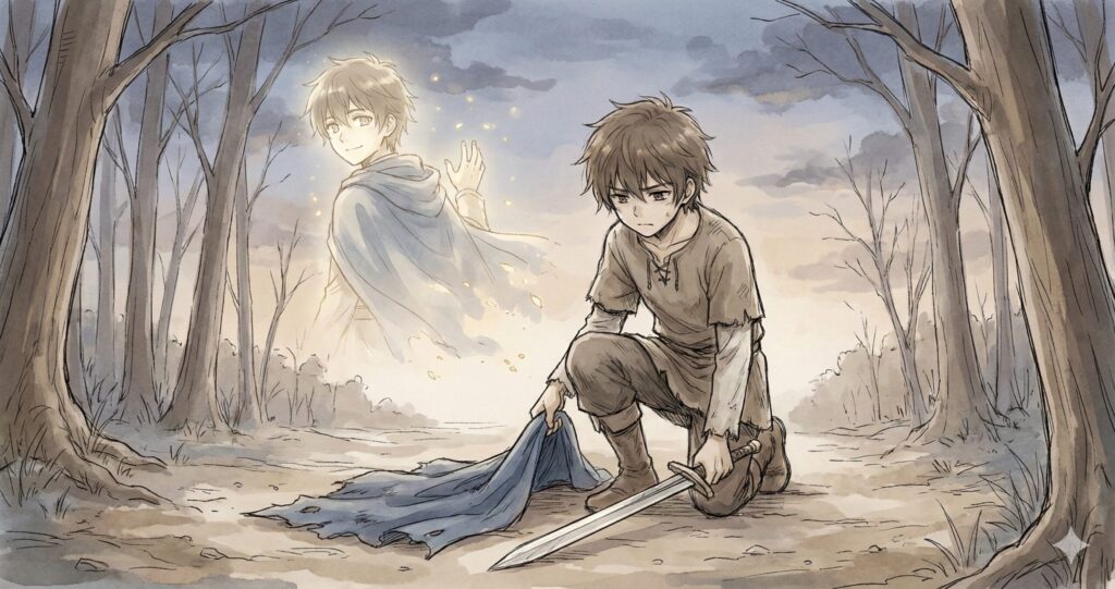 勇者アレスの遺志を継ぎ、剣とマントを拾い上げる従弟ザックの姿。背後にはアレスの幻影が微笑んでいる、入れ替わりの真実を描いたイラスト