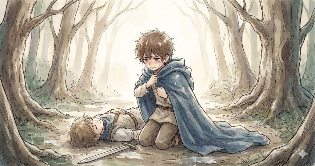 死んだ本物の勇者アレスの遺体を前に、涙を流しながらも彼のマントを羽織る従弟ザック。大きすぎるマントが、彼が背負う宿命の重さを物語っている