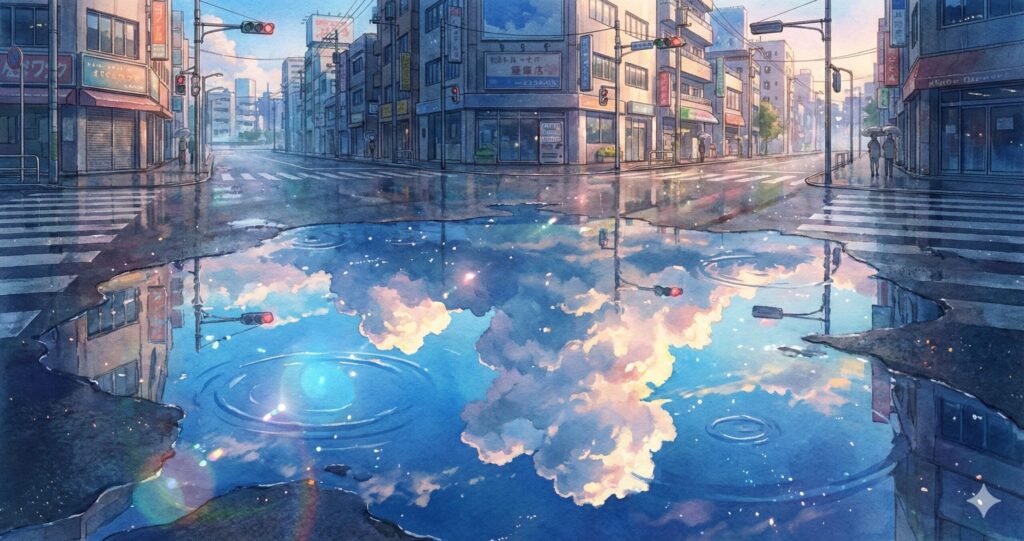 雨上がりの水たまりに映る美しい青空と入道雲