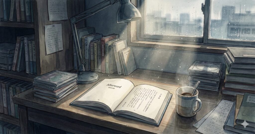 机の上に置かれた『三日間の幸福』の文庫本とコーヒー、あとがきを読む静かな時間を表現したイメージ