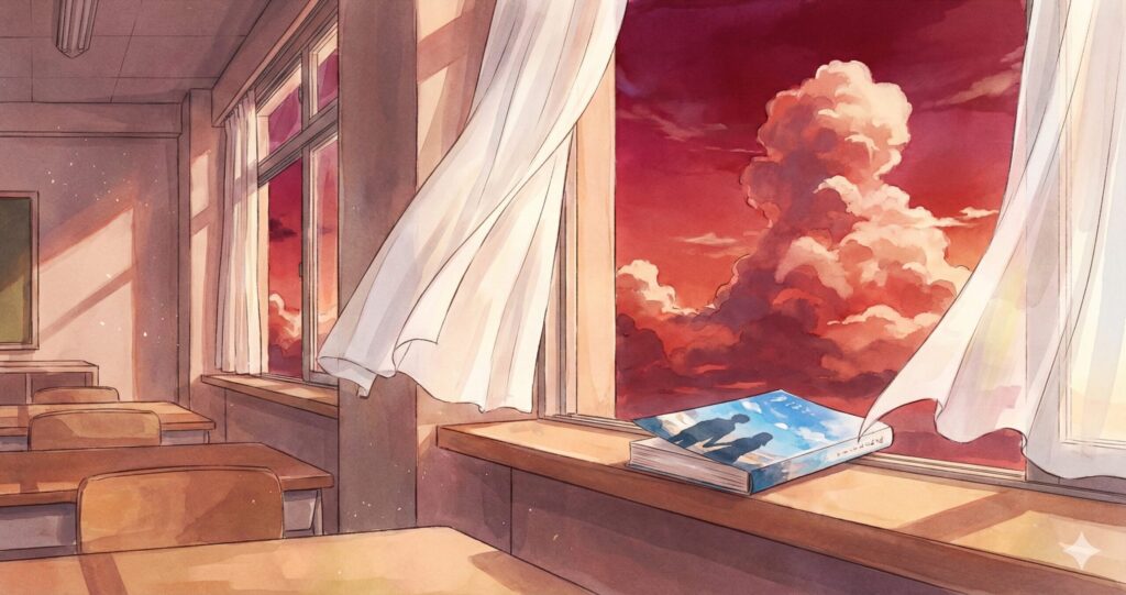 夕暮れの教室の窓辺に置かれた文庫本、『三日間の幸福』の読後感を象徴するイメージ