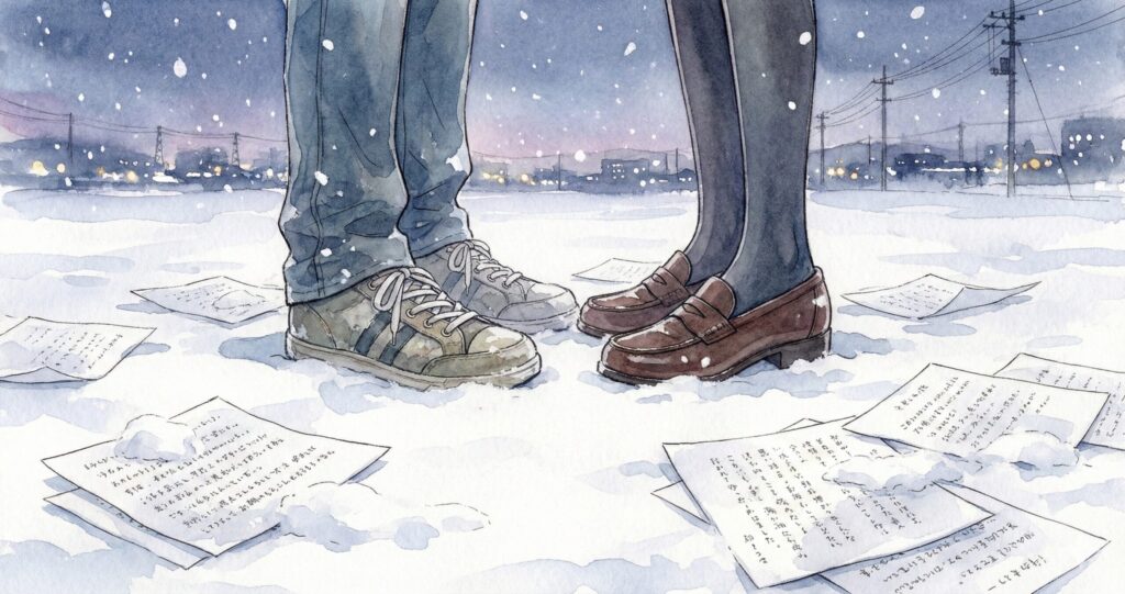 雪の中に寄り添う二人の足跡と原稿用紙、『三日間の幸福』の美しい結末を象徴する情景