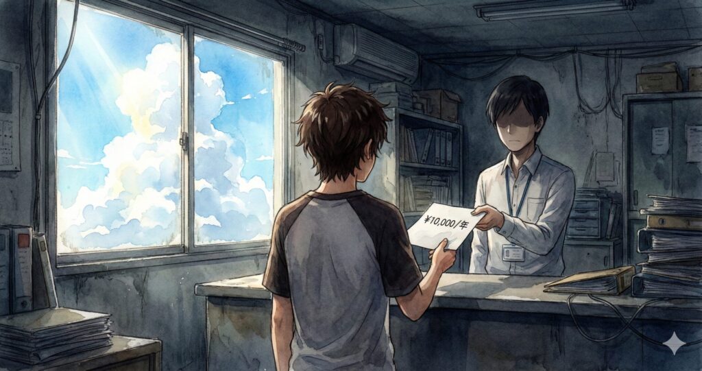 寿命の査定価格が一年一万円だと告げられ絶望するクスノキ