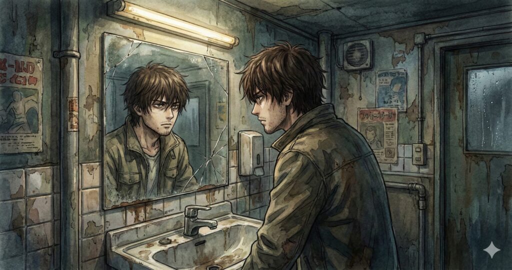 鏡に映る自分を冷ややかに見つめる主人公クスノキ