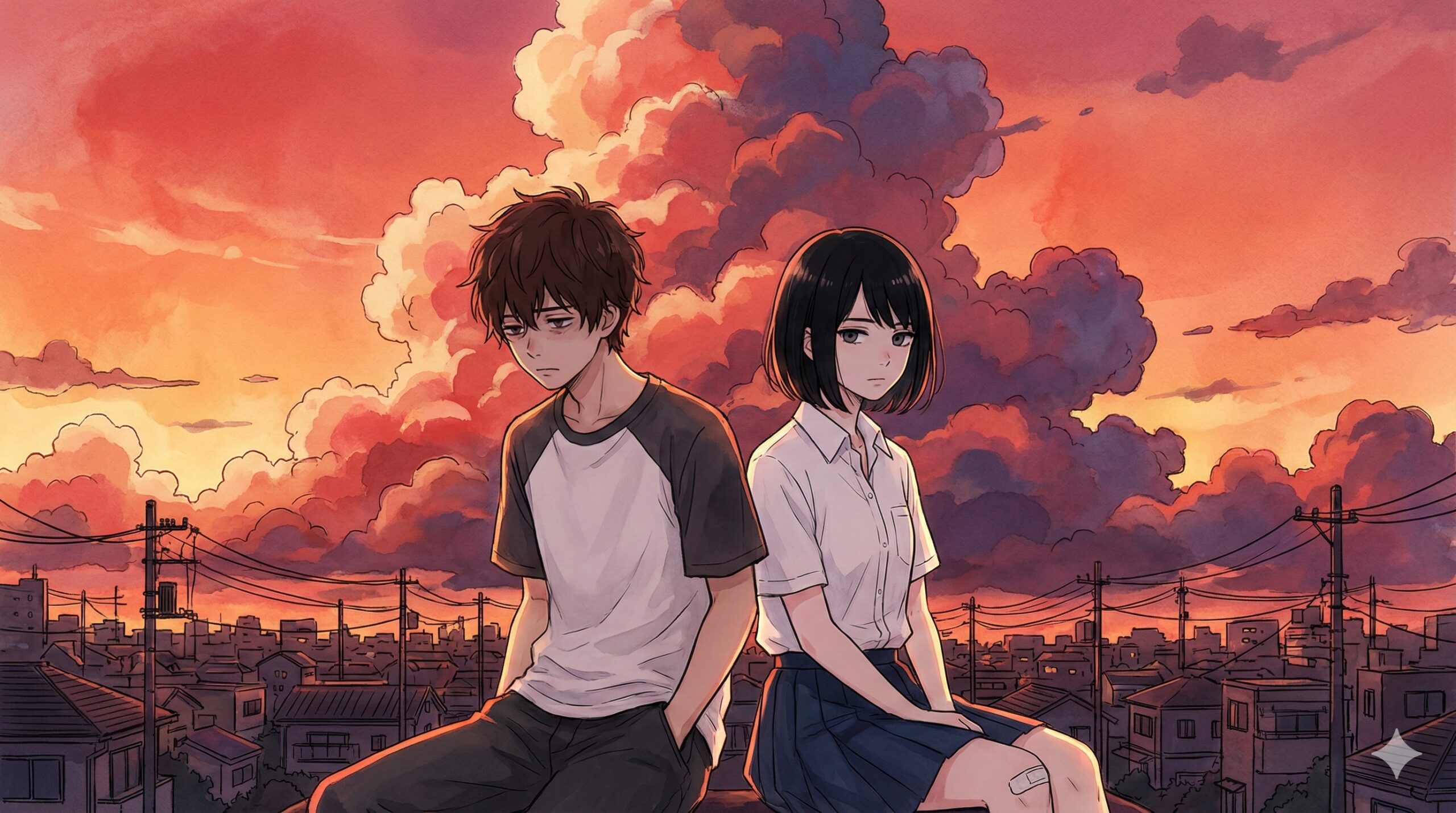 夕暮れの街並みを背景に背中合わせで座るクスノキとミヤギ、『三日間の幸福』の切なくも温かい世界観を表現したアイキャッチ画像