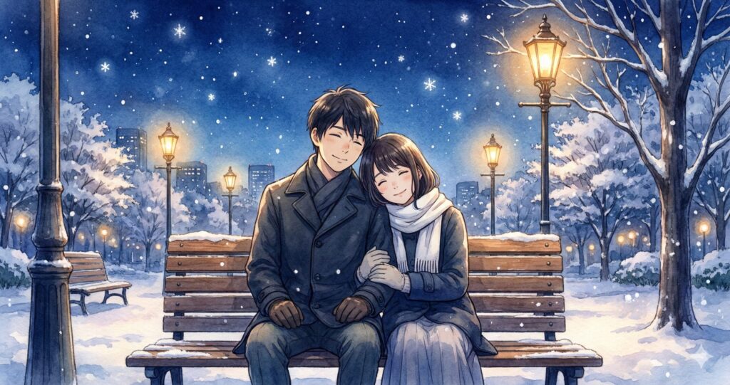 雪降る夜にベンチで寄り添うクスノキとミヤギ、最後の三日間を予感させる幸福な情景