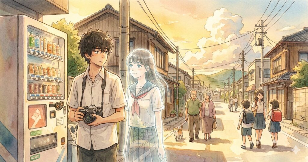 街角の自動販売機を撮影するクスノキと傍らのミヤギ、温かい街の風景