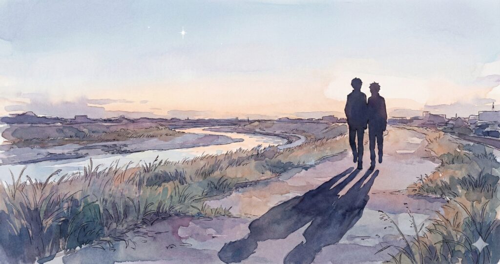 夕暮れの河川敷を歩くクスノキとミヤギのシルエット