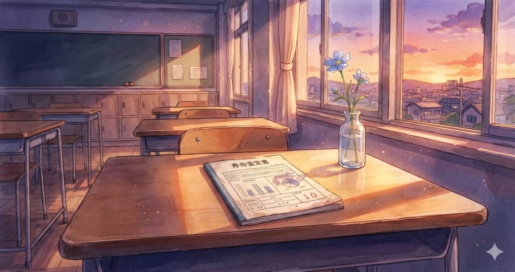 机の上に置かれた寿命の査定書と一輪の花、人生の価値を問いかける静物的なイメージ