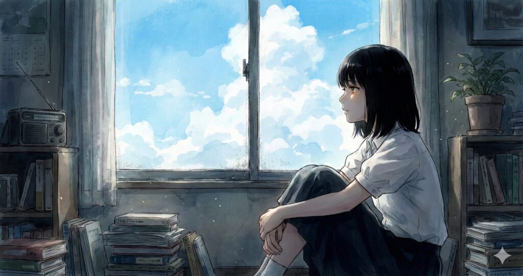 窓の外を見つめる監視員ミヤギの横顔、孤独と微かな希望を感じさせる情景