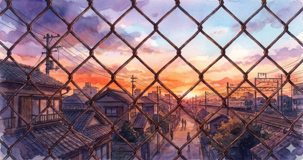 金網越しに広がる鮮烈な夕焼けと街並み