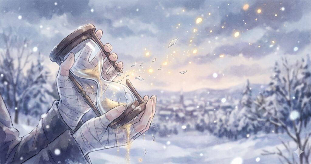 壊れた砂時計を持つ手。『スターティング・オーヴァー』の時間の不可逆性と過去への決別を象徴する画像