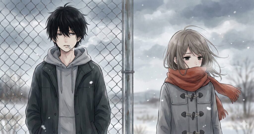 フェンス越しに並んで立つ主人公とヒロインのヒイラギ。『スターティング・オーヴァー』の登場人物たちの孤独と距離感を表現した画像
