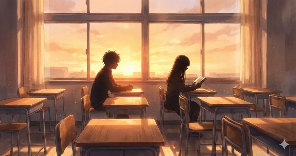 夕暮れの教室にいる主人公とヒイラギ。『スターティング・オーヴァー』の二人の静かな距離感と共犯関係を表現した画像