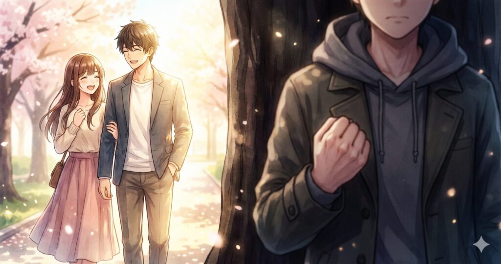 幸福な代役カップルを影から見つめる主人公。『スターティング・オーヴァー』の代役という残酷な現実を表現した画像