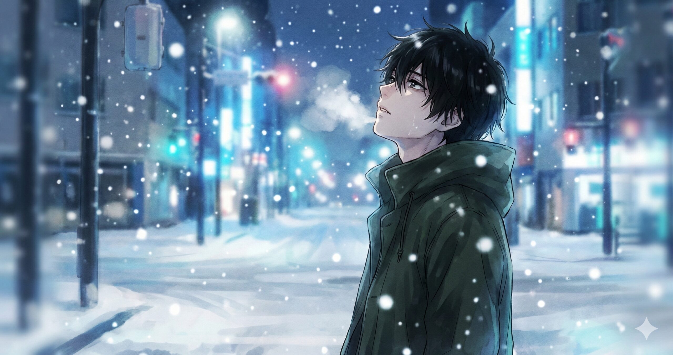 雪が降る夜の街で空を見上げるモッズコートを着た青年。『スターティング・オーヴァー』の主人公の孤独と、絶望からの反撃を予感させる決意の表情を描いたアイキャッチ画像