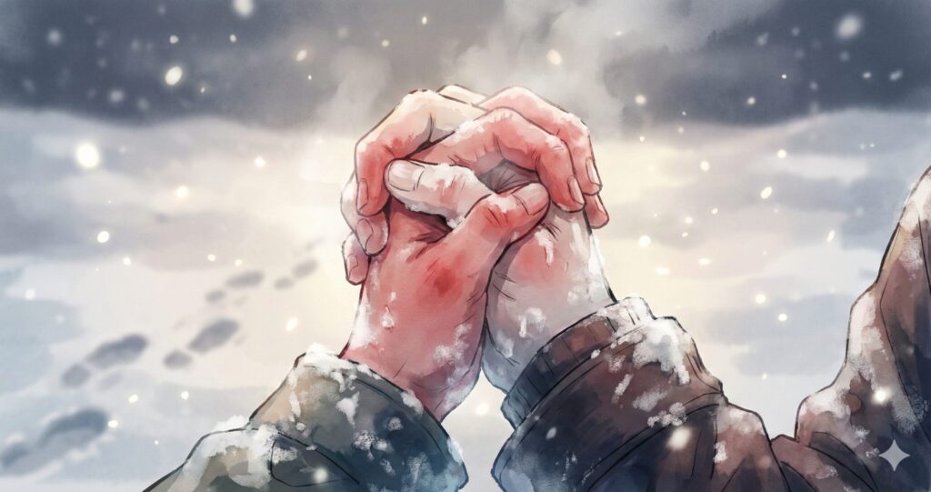 雪の中で強く握りしめ合う二人の手。『スターティング・オーヴァー』の歪だが強固な愛の絆を象徴する画像