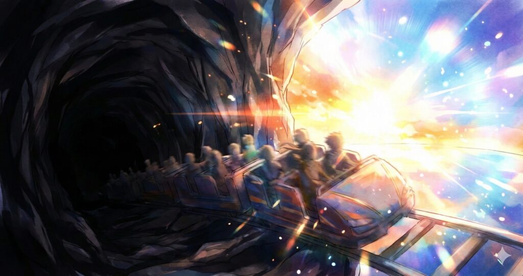 暗闇から光へ急上昇するジェットコースターのイメージ。『スターティング・オーヴァー』の鬱屈からのカタルシスを象徴する画像