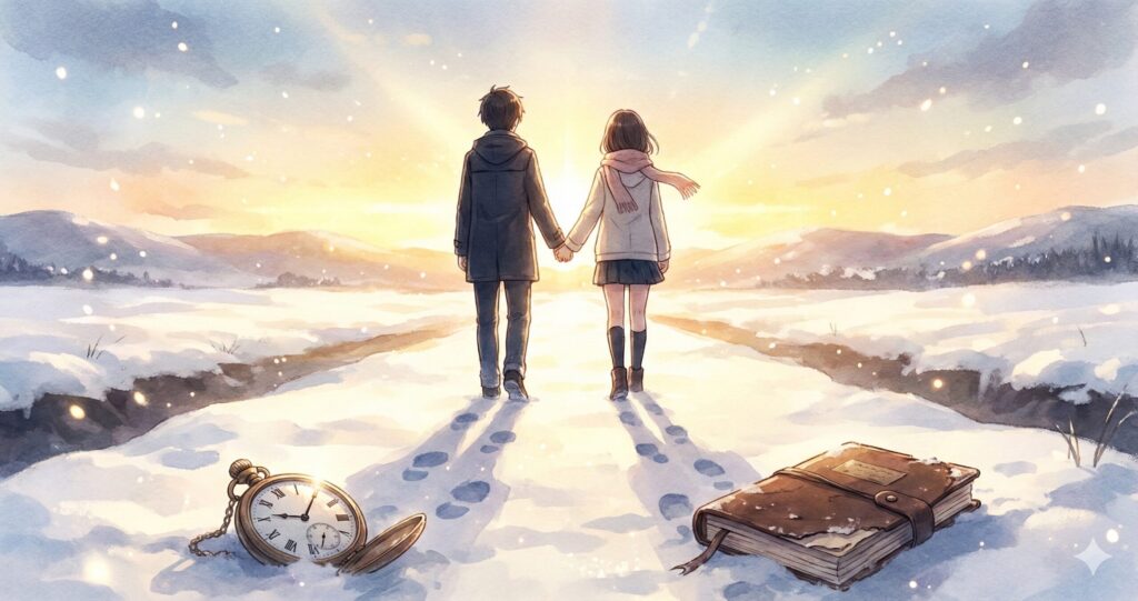 朝焼けの中を未来へ向かって歩き出す二人の後ろ姿。『スターティング・オーヴァー』のラストシーンと新たな旅立ちを象徴する画像