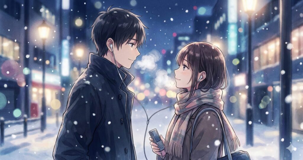 雪夜に音楽を聴きながら見つめ合う主人公とヒイラギ。『スターティング・オーヴァー』の楽曲とのリンクと再出発を象徴する画像