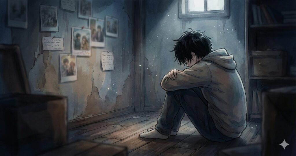 薄暗い部屋で膝を抱える主人公。『スターティング・オーヴァー』の主人公の孤独と過去への執着を表現した画像