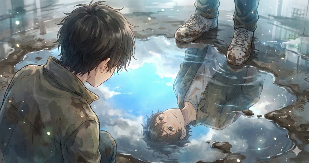 水たまりに映る青空と自分を見つめる主人公。『スターティング・オーヴァー』の現状肯定と救済を象徴する画像