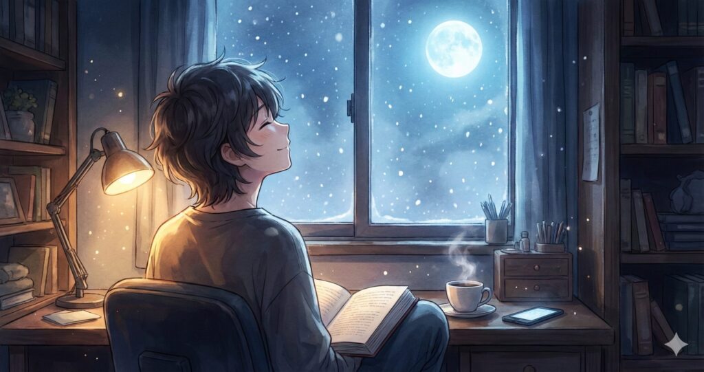 深夜に『スターティング・オーヴァー』を読み終え、窓の外の雪景色を穏やかな表情で見上げる読者の後ろ姿。読後の余韻と救済感を表現した画像