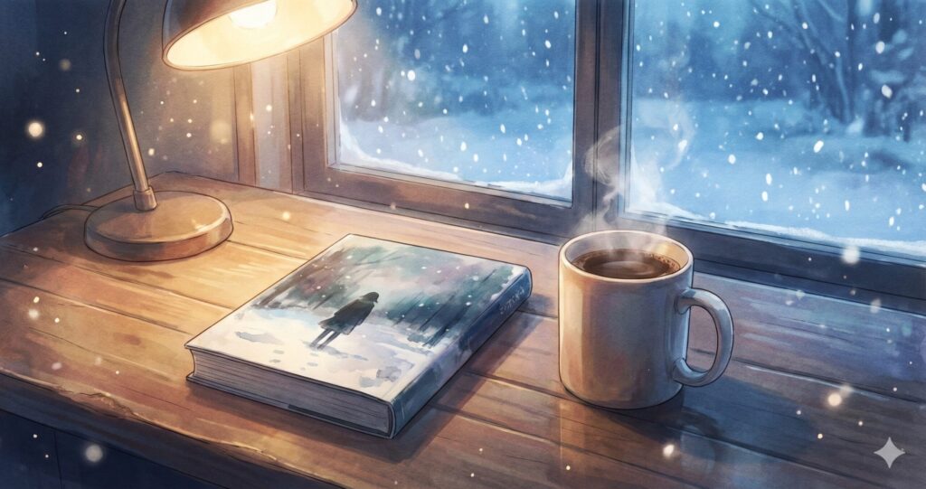 雪の降る夜、温かい部屋で『スターティング・オーヴァー』を読む準備が整った机の上。読書への誘いと物語の余韻を表現した画像