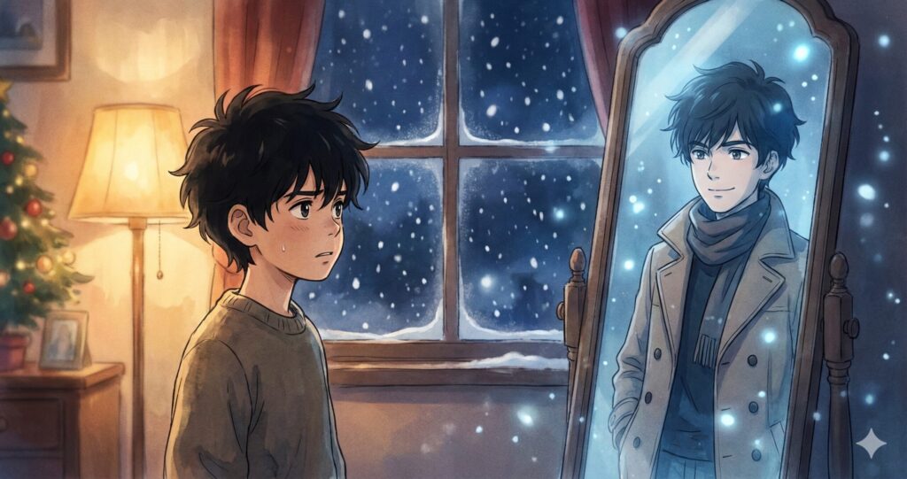 鏡の前に立つ10歳の主人公と鏡に映る20歳の自分。『スターティング・オーヴァー』のタイムリープと過去への執着を象徴する画像