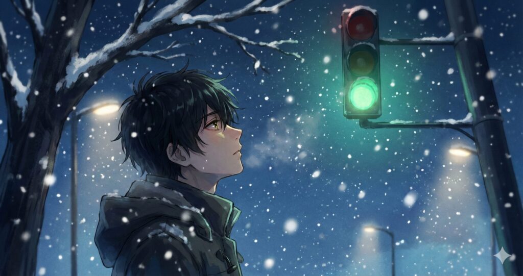 雪夜の信号機を見上げる主人公の横顔。『スターティング・オーヴァー』の「反撃開始」の瞬間と希望を象徴する画像