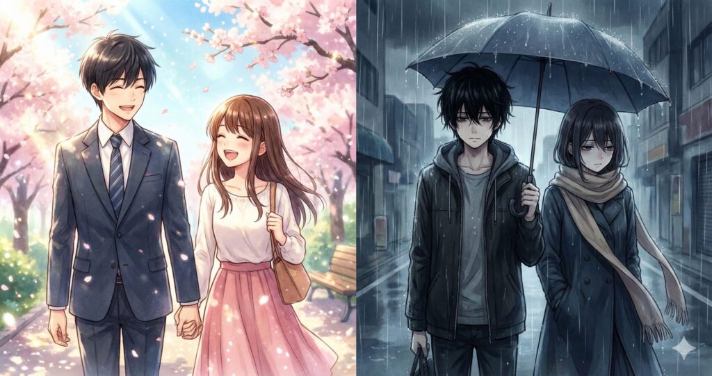 光の中にいるツグミ・トキワと、影の中にいる主人公・ヒイラギの対比。『スターティング・オーヴァー』の残酷な対比構造を表現した画像