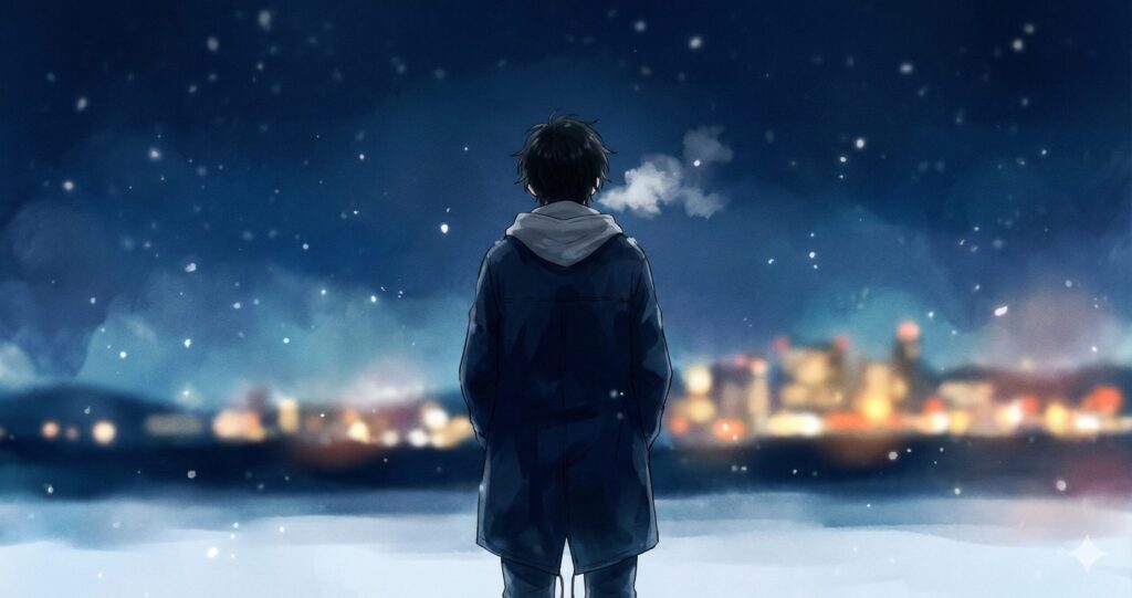 冬の夜の街を見下ろす孤独な青年の後ろ姿。『スターティング・オーヴァー』の転落する2周目の人生を象徴するアイキャッチ画像