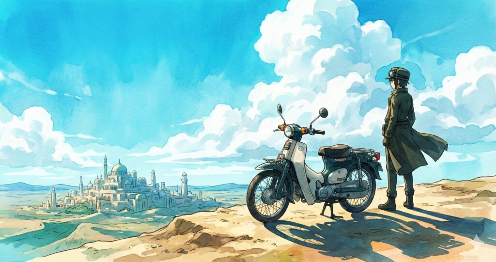 モトラドと旅人のイラスト。キノの旅のイメージ