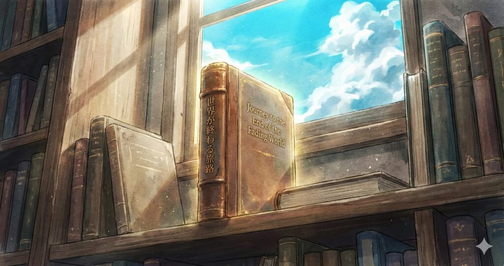 本棚に並ぶ希少な一冊の本。旅に出よう、滅びゆく世界の果てまで。の入手困難な状況イメージ