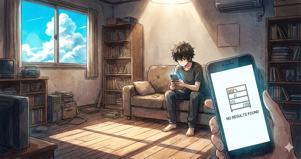 電子書籍ストアの検索結果なし画面のイメージイラスト。旅に出よう、滅びゆく世界の果てまで。の電子書籍化状況