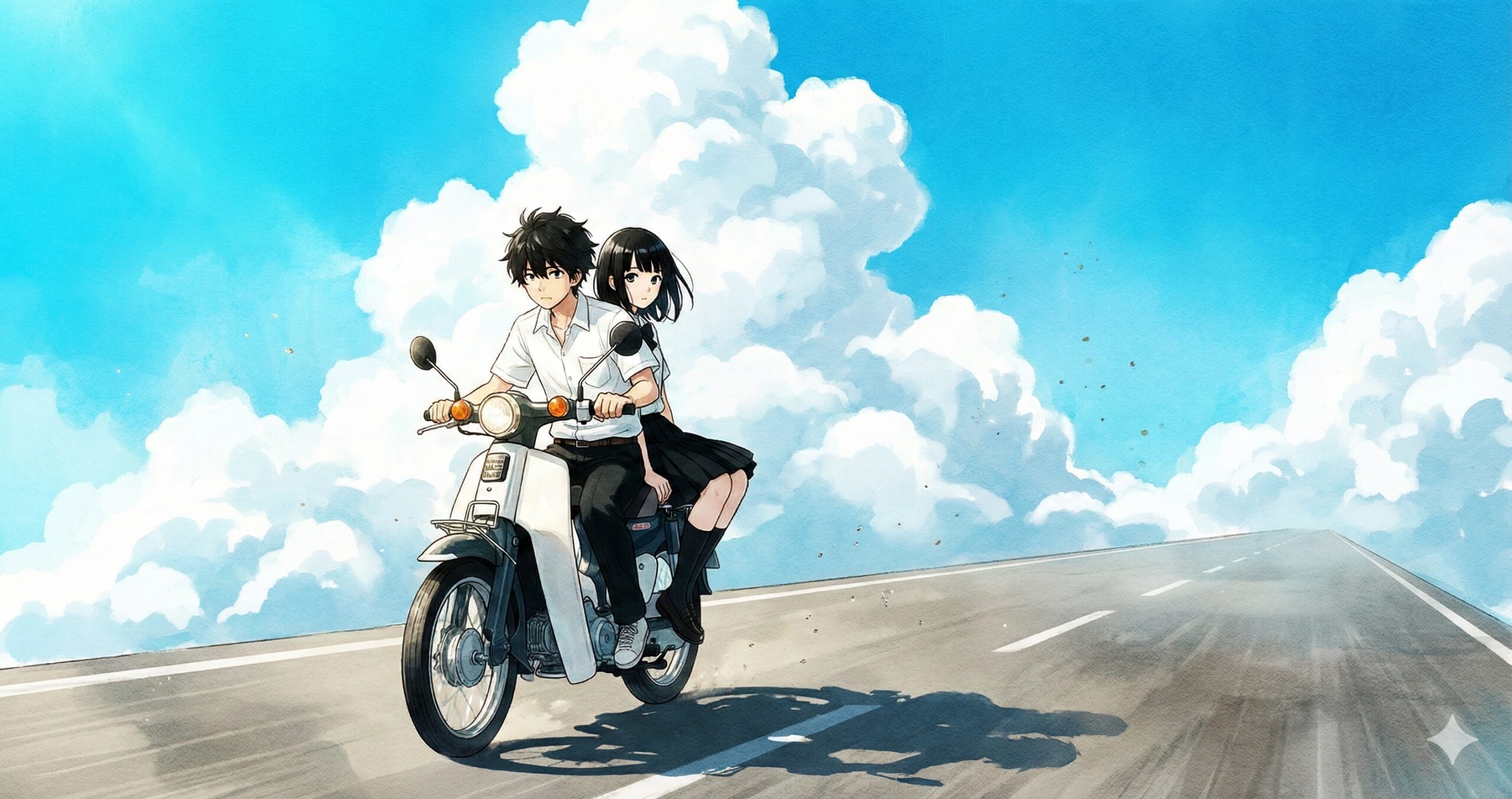 夏の青空の下、スーパーカブで一本道を二人乗りして旅する少年と少女のイラスト。旅に出よう、滅びゆく世界の果てまで。のイメージ