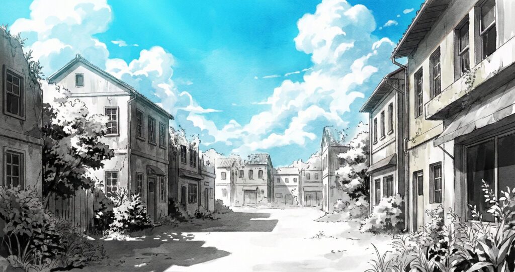 色彩が失われつつある静かな終末世界の風景イラスト。「喪失症」のイメージ