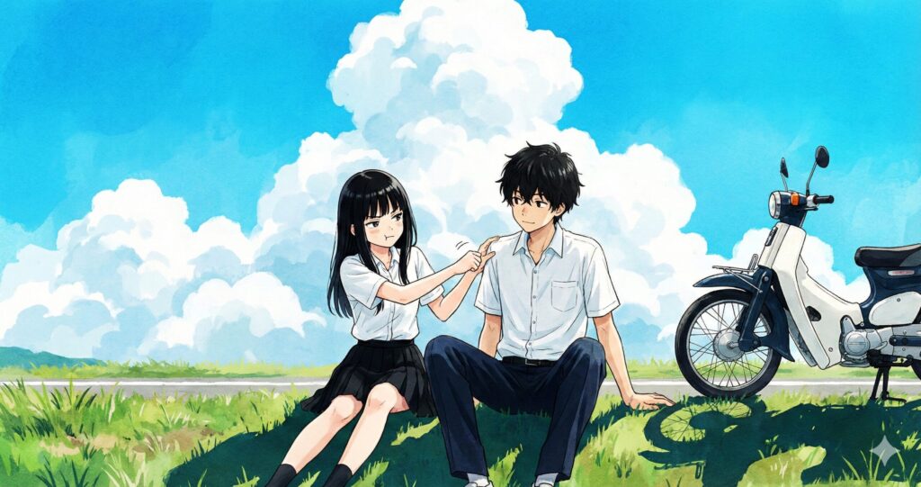 道端で休憩しながら仲良くふざけ合う少年と少女のイラスト。友達以上恋人未満の距離感